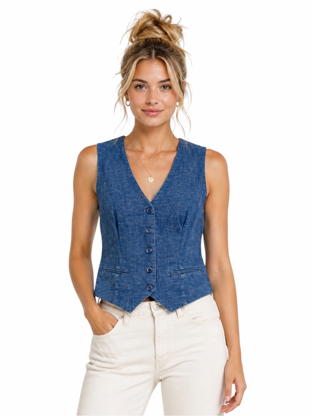 Level 99 – Melody Linen Blend Button Front Vest Denim Blue – Sz. S